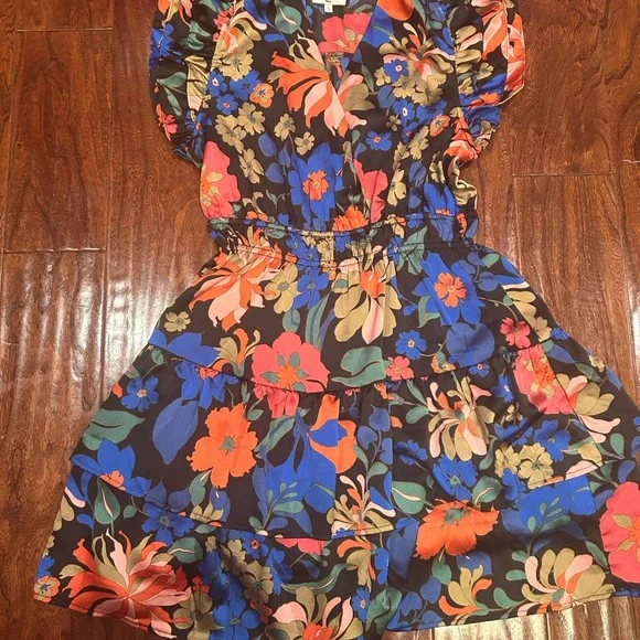 Entro small Floral printed Puff/ruffled Sleeve tiered skirt V- neck mini Dress - Picture 3 of 5